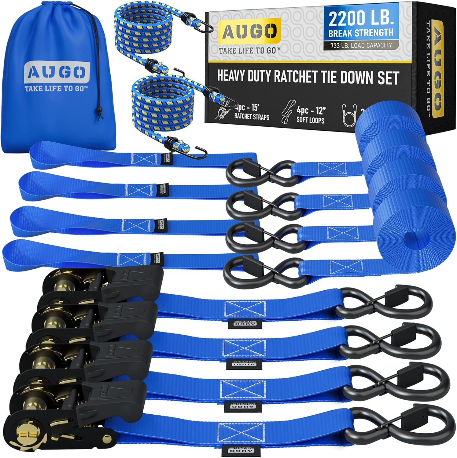 AUGO Ratchet Straps 15 ft, 2200 lb tie-downs