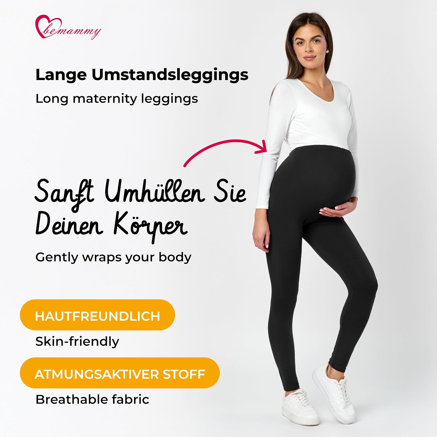 Detalle de Be Mammy Lange Umstandsleggings aus Baumwolle mit hohem Bund (Melange) – weich & elastisch für die Schwangerschaft