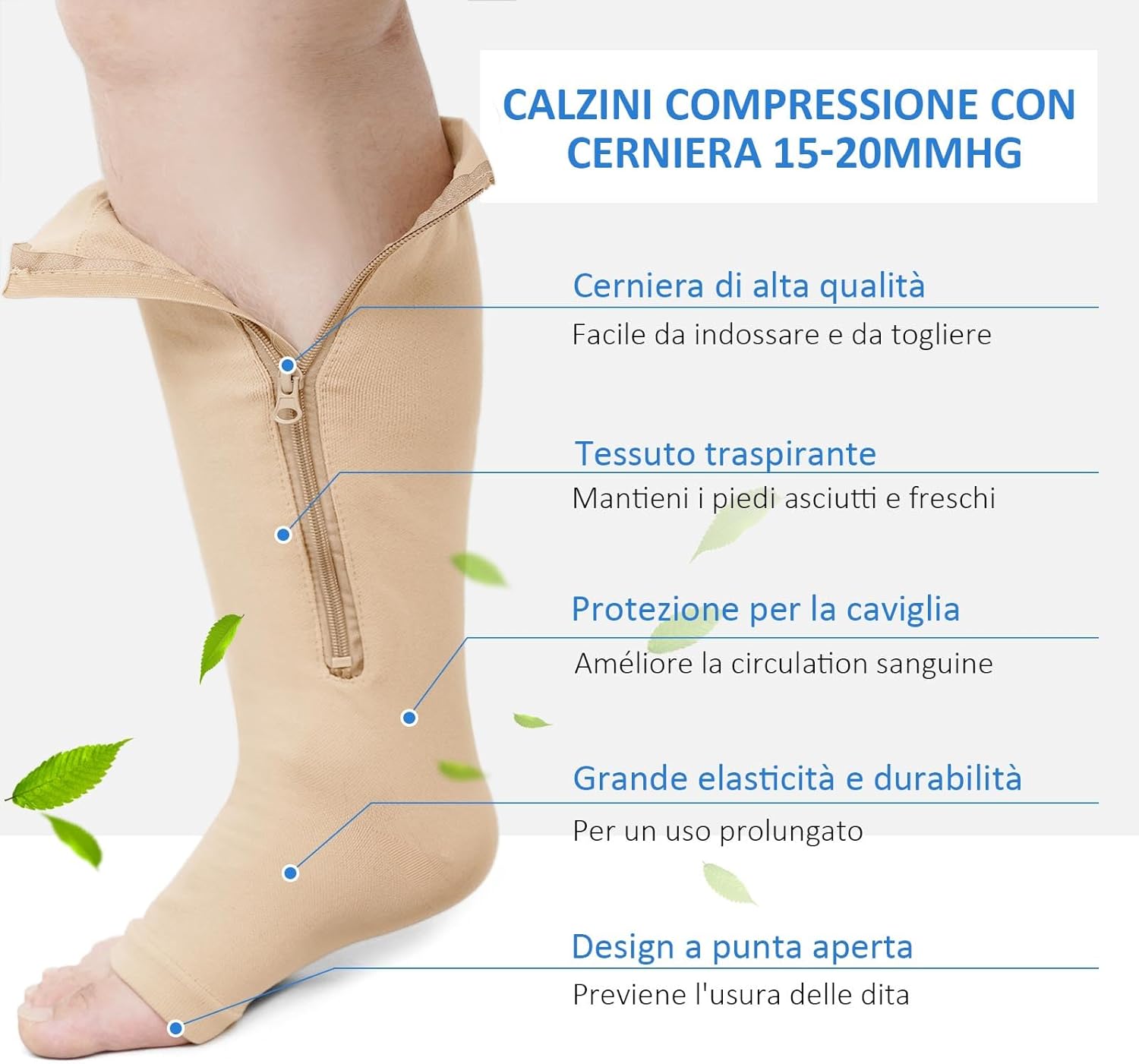 Detalle 2 de Calze a compressione graduata 20-30 mmHg unisex con cerniera e punta aperta (taglie forti)