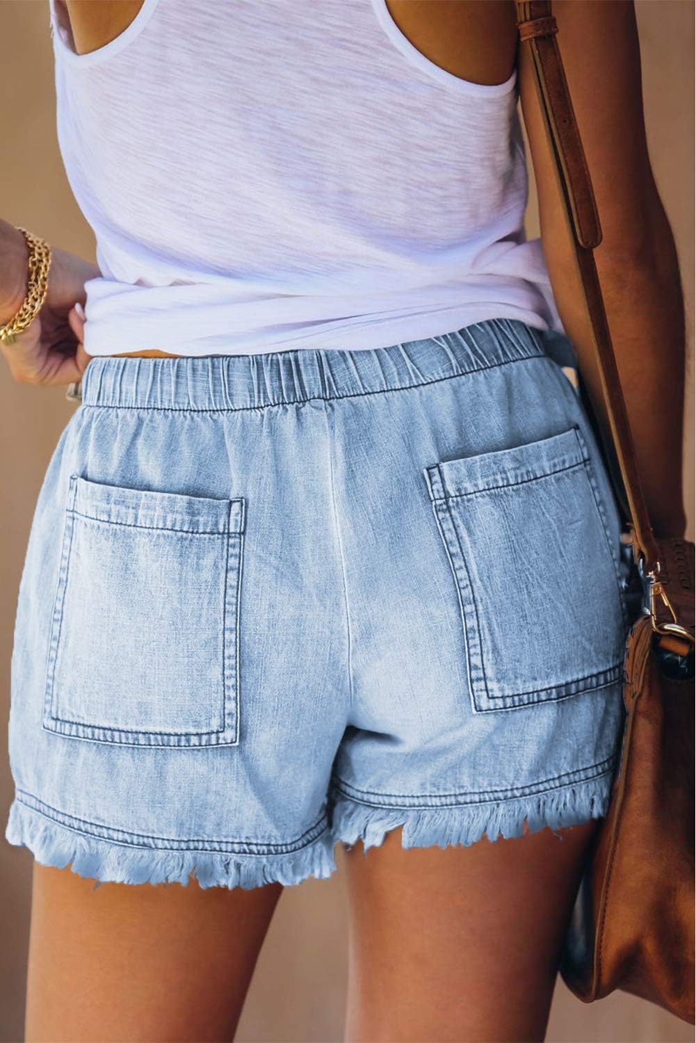Detalle 2 de HVEPUO Damen Baumwolle Leinen Shorts Gummiband – Sommer-Hotpants aus 90% Baumwolle, 10% Leinen
