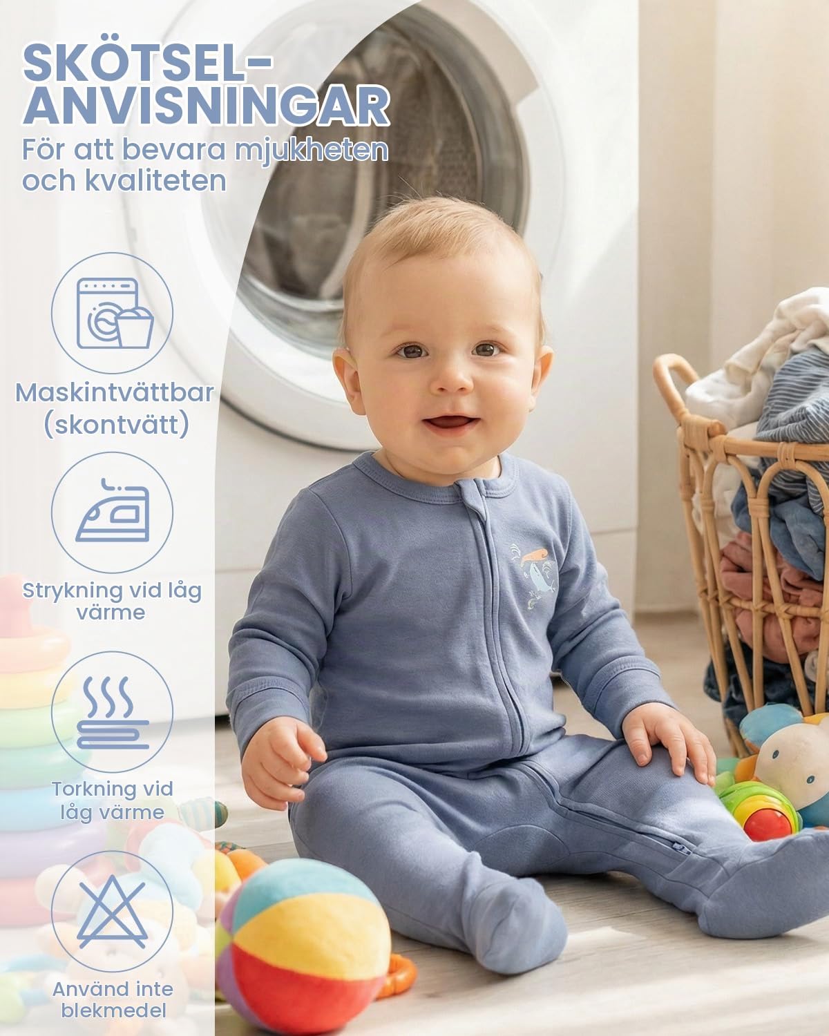 Detalle de JiAmy sovdräkter för baby, 3-pack i bomull med hel dragkedja och vikbara vantar