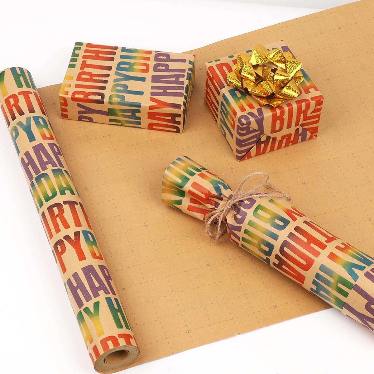 Detalle de Birthday Wrapping Paper Roll, 15m – Colourful Happy Birthday Kraft Gift Wrap