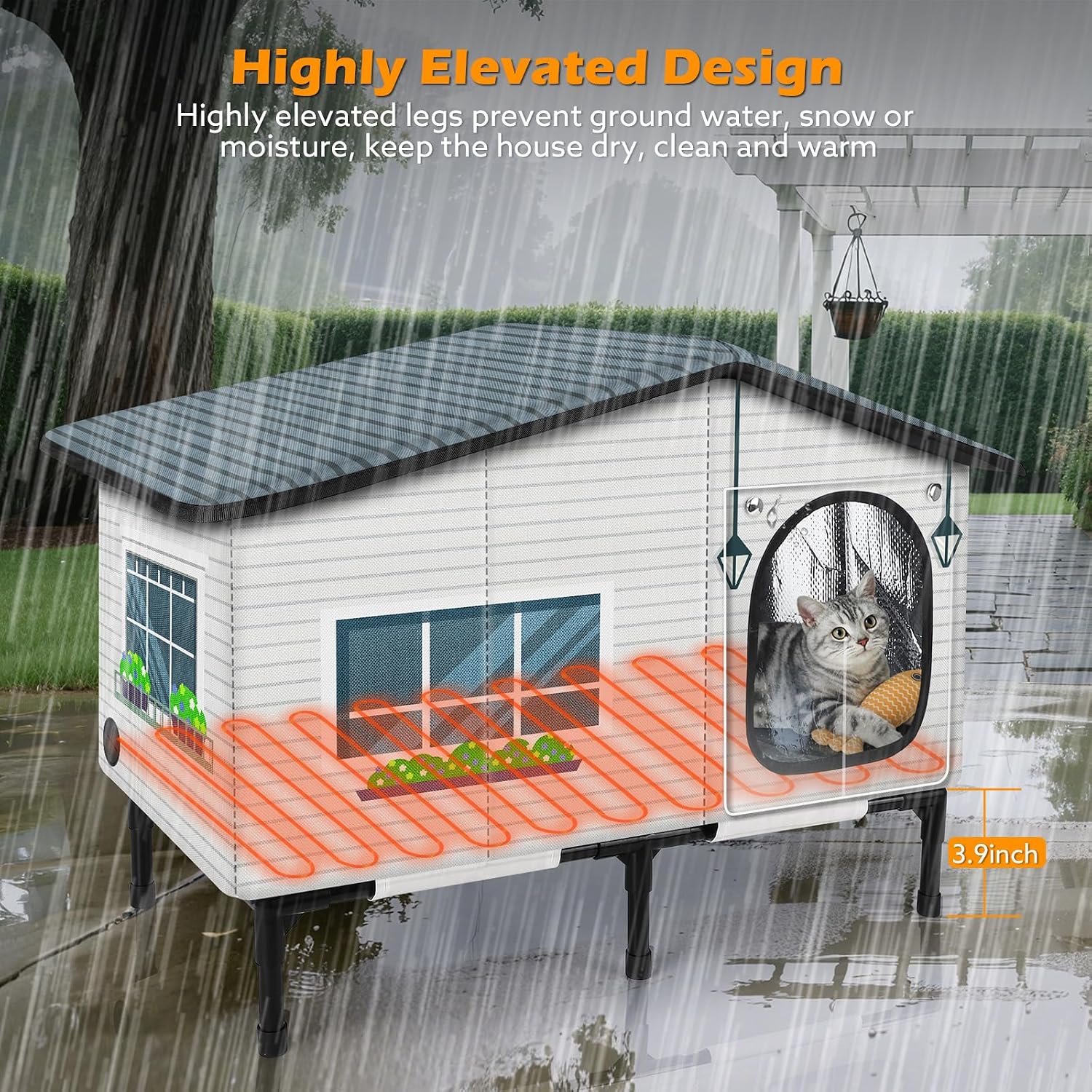 Detalle de GASUR 02 Heated Outdoor Cat House, Insulated, Waterproof, Elevated, Dual-Exit