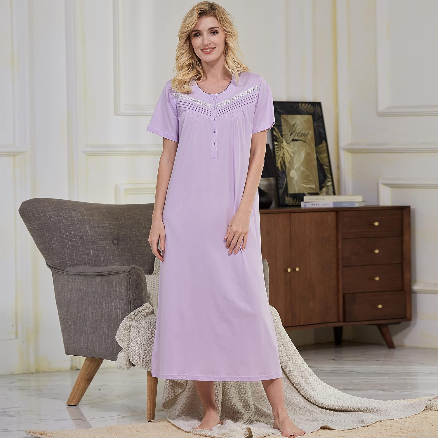 Detalle 2 de Keyocean nightgown Women's 100% Cotton Sleep Dress, Short Sleeves, Mid-Calf