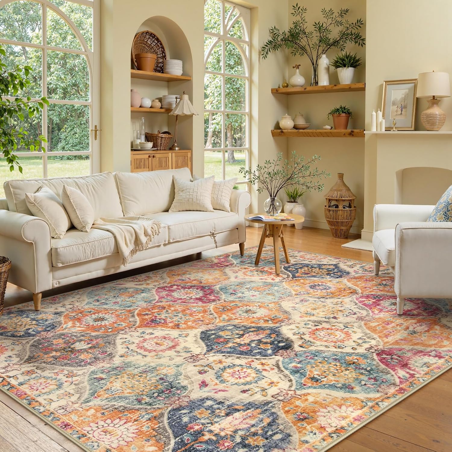 Thumbnail 3 de Lahome Moroccan Trellis Washable Area Rug (5x7) — Cream/Multi, low-pile non-slip indoor rug