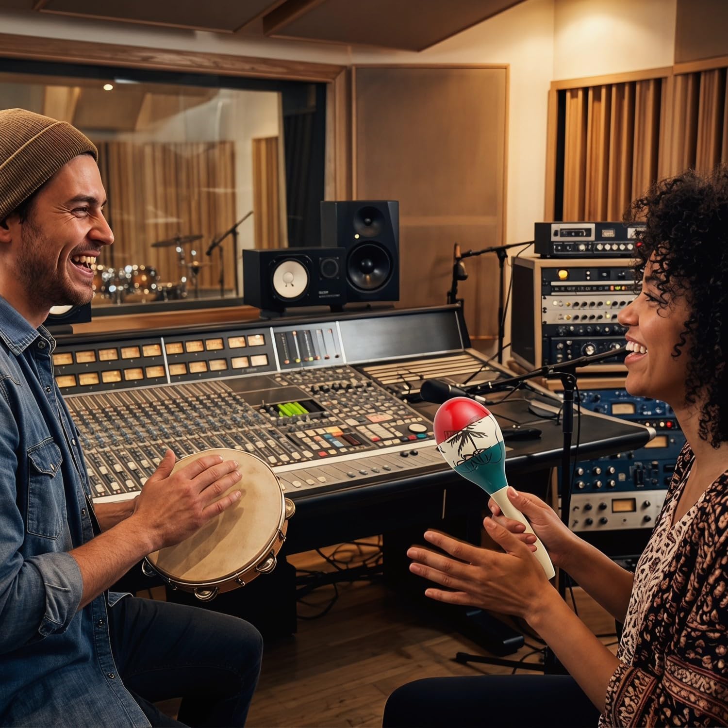 Detalle de Musfunny Maracas Große – bunte Holz-Rumba Shaker, Hand Percussion für Party und Spiel