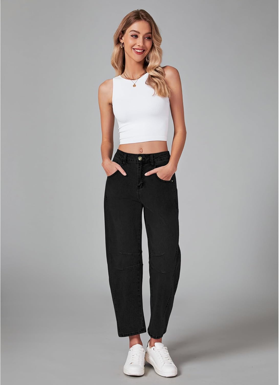 Thumbnail 3 de GRAPENT Barrel Jeans for Women: Stretchy High-Waisted Wide-Leg Cropped Denim