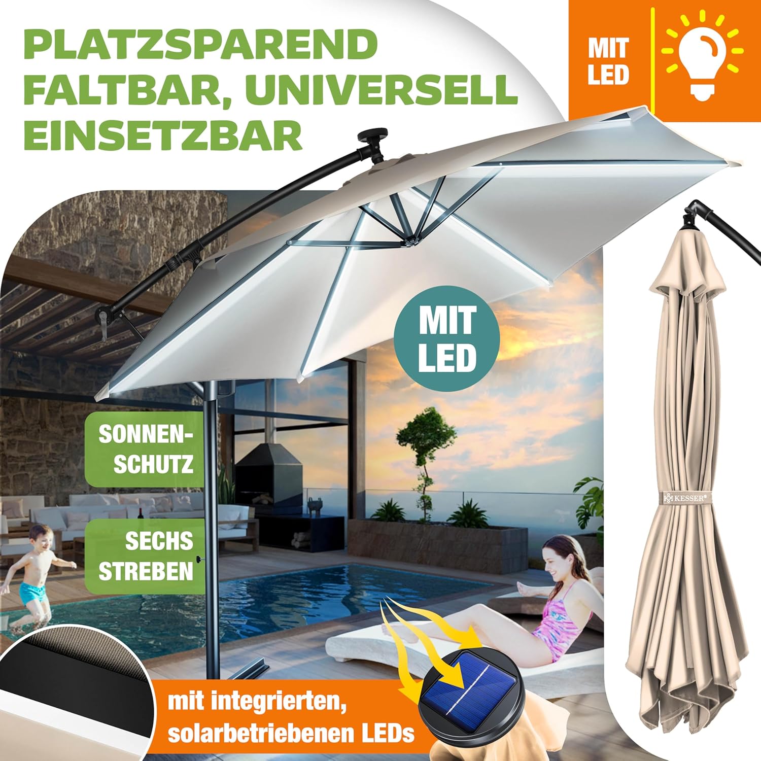 Thumbnail 3 de KESSER® Alu Ampelschirm LED Solar mit 360° Funktion, Abdeckung, Fernbedienung & Kurbelsystem