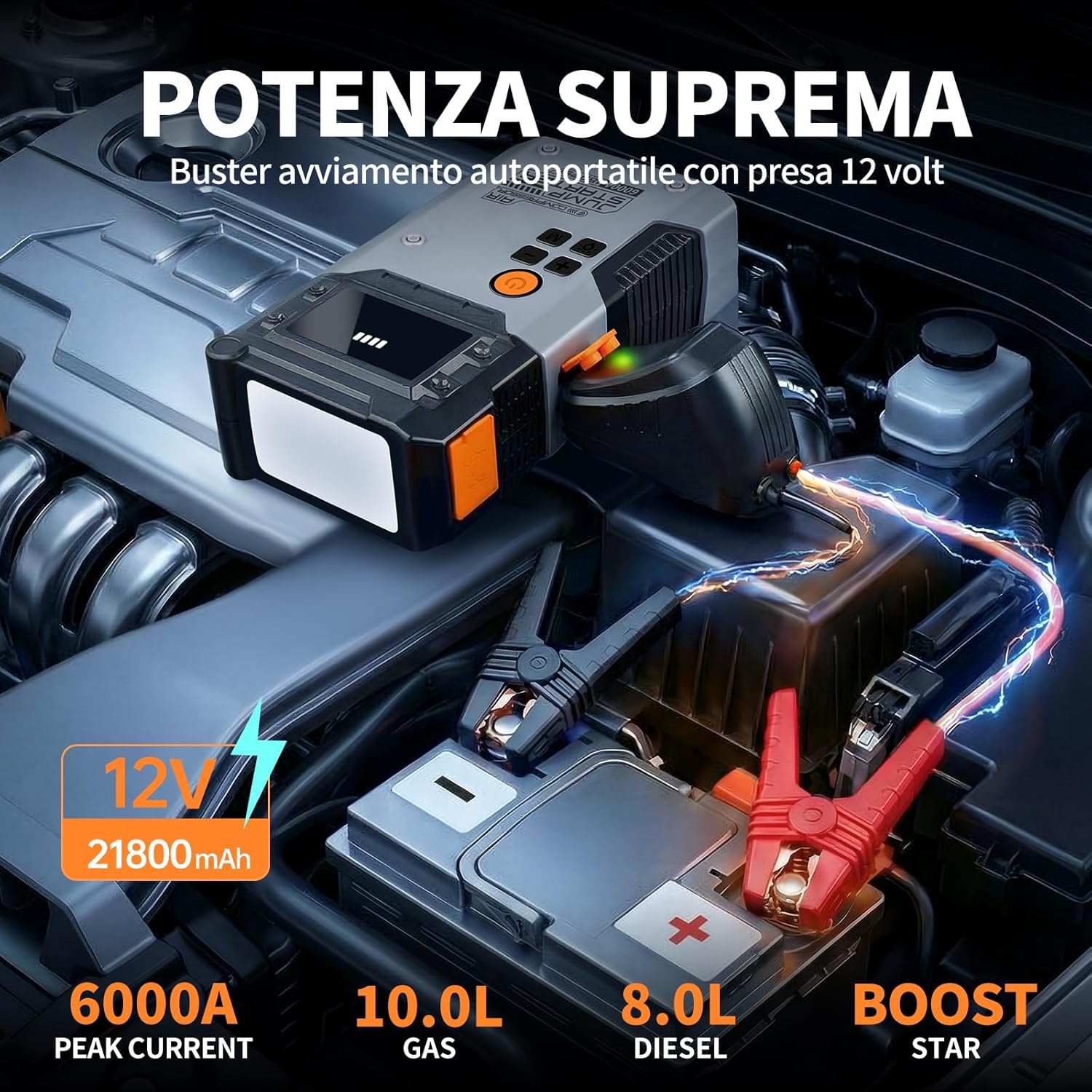 Detalle de Avviatore Batteria Auto 6000A con Compressore 160 PSI – Booster Portatile per 12V (gas/diesel) con LCD e USB