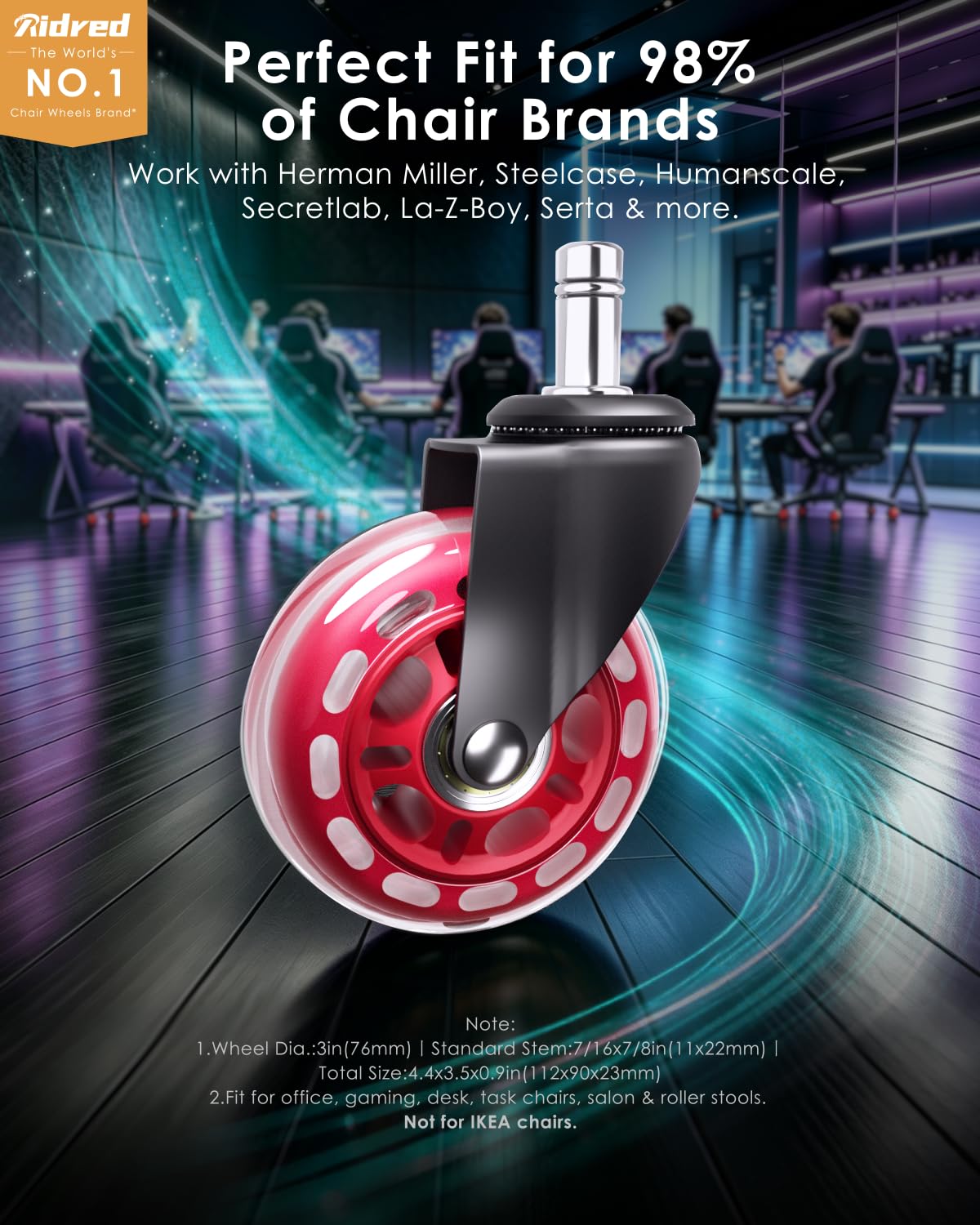 Detalle de RidRed OCW-001-Red Chair Casters, Red Polyurethane, 650-lb Capacity