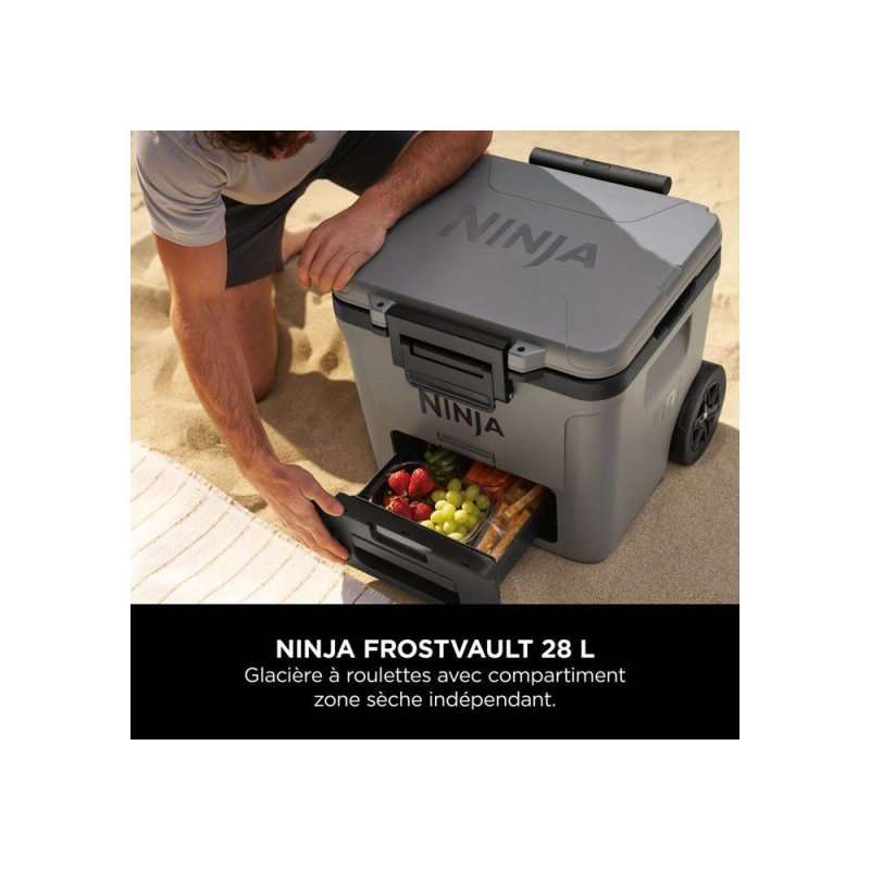 Detalle de Ninja FrostVault FB230EUGY: Enfriador con Ruedas de 28 L y Dry Zone de Shark en color Gris