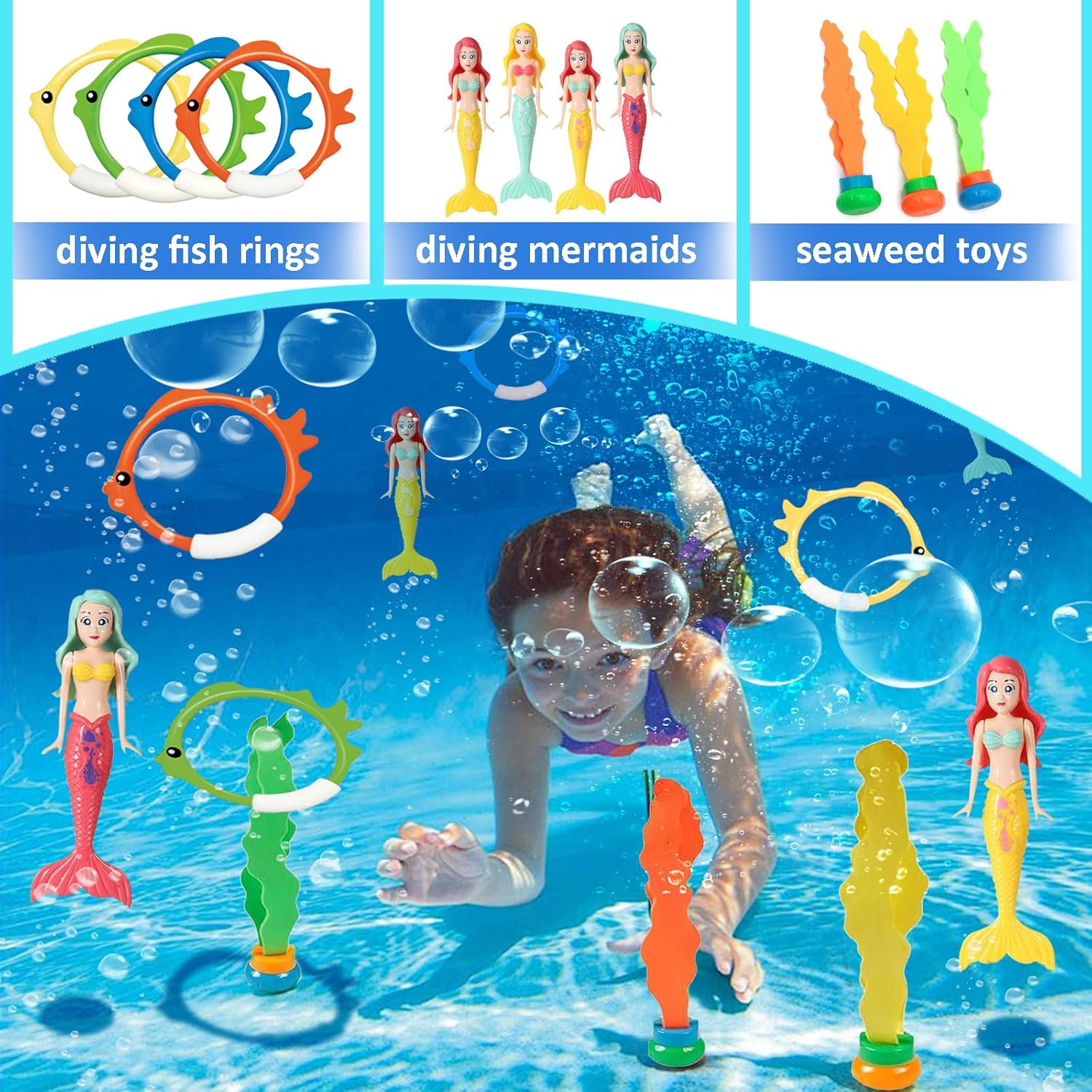 Thumbnail 2 de IOPJLK Unterwasser Tauchspielzeug Set (11-teilig) mit Tauchringen, Tauchfischen und Meerjungfrauen