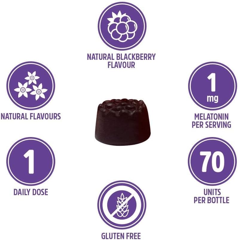 Detalle 2 de VITALDIN Mélatonine Gummies – 70 gommes (1 mg par dose) au goût mûre, sans gluten