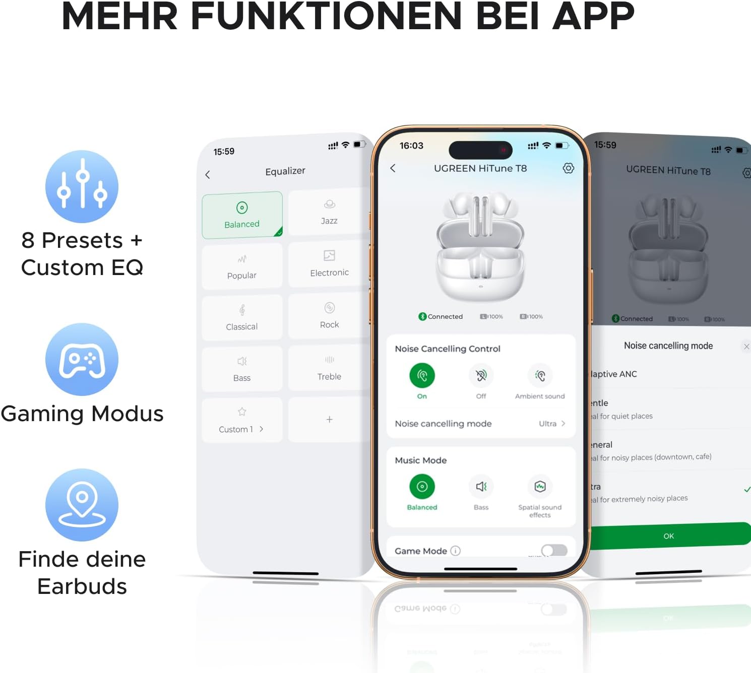 Thumbnail 6 de UGREEN EchoBuds Plus Adaptive ANC Bluetooth Kopfhörer – Hi-Res Sound, LDAC, 50 h Akku, 6-Mikrofon ENC