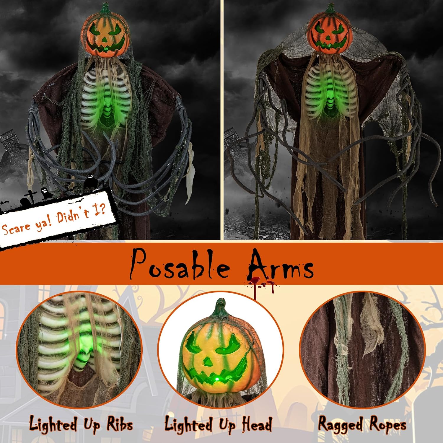 Detalle 1 de Tangkula AM14282HM 6-Foot Halloween Animatronic Pumpkin Scarecrow with Sound and Lights