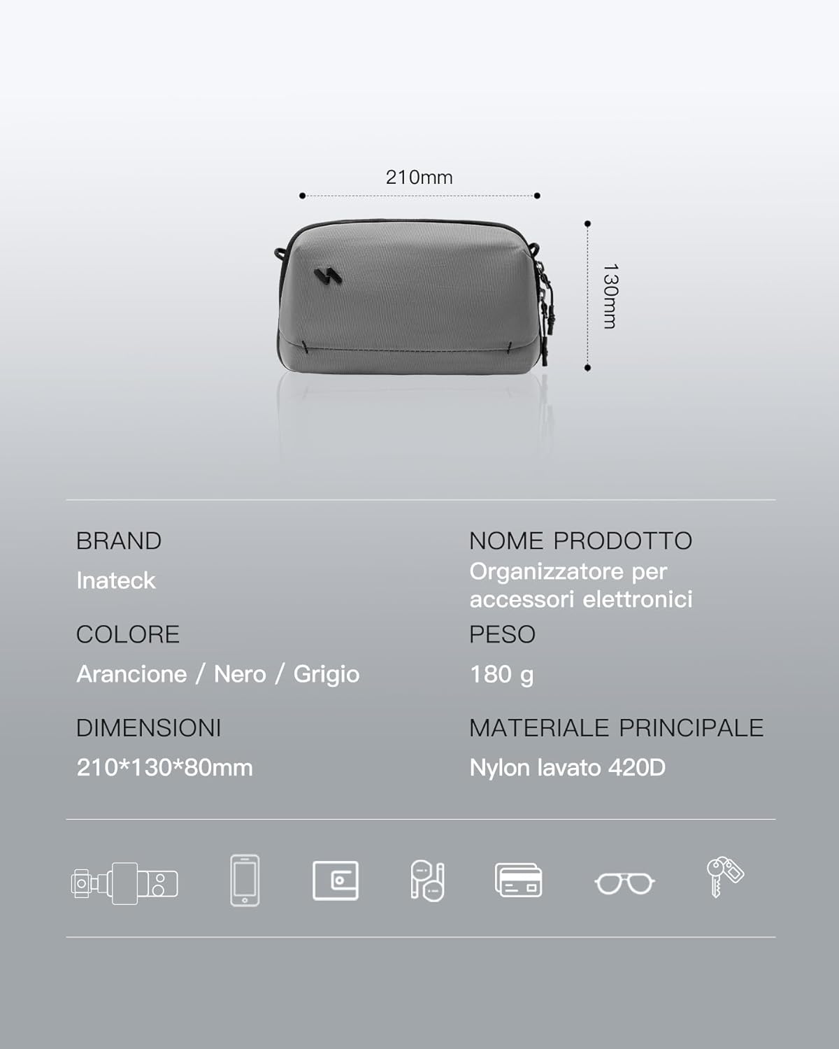 Detalle 2 de Inateck Organizer Elettronico Portatile grigio da viaggio per cavi, power bank e hub