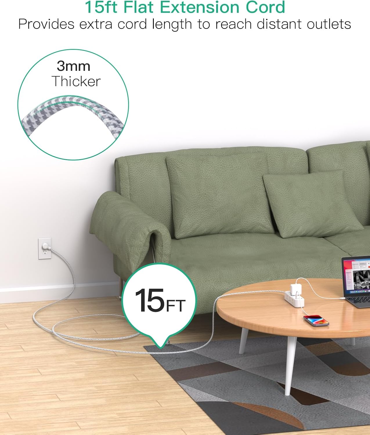 Detalle 2 de Mifaso MFS9W3UC Power Strip with 15-Foot Cord, 9 AC Outlets and 900J Surge Protection