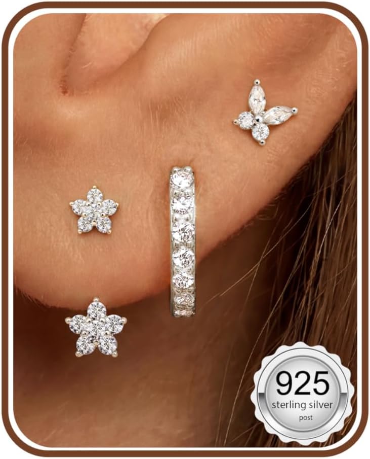 Detalle 2 de JeweBella 3er-Set Ohrringe aus Sterlingsilber 925: Ohrstecker & Creolen mit Zirkonia (vergoldet) für Damen