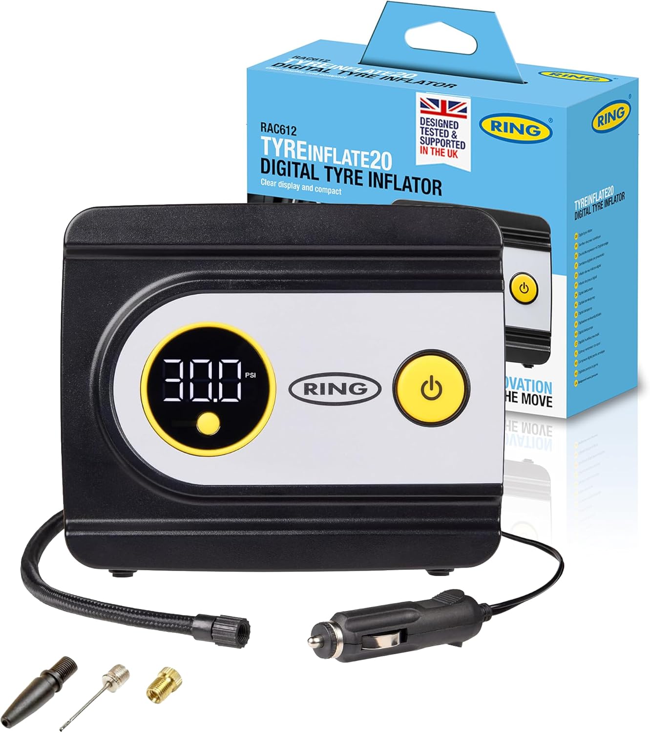 Ring TyreInflate 20 Digital Tyre Inflator with three adaptors 📈
Ring TyreInflate 20 Digital Tyre Inflator with three adaptors 📈