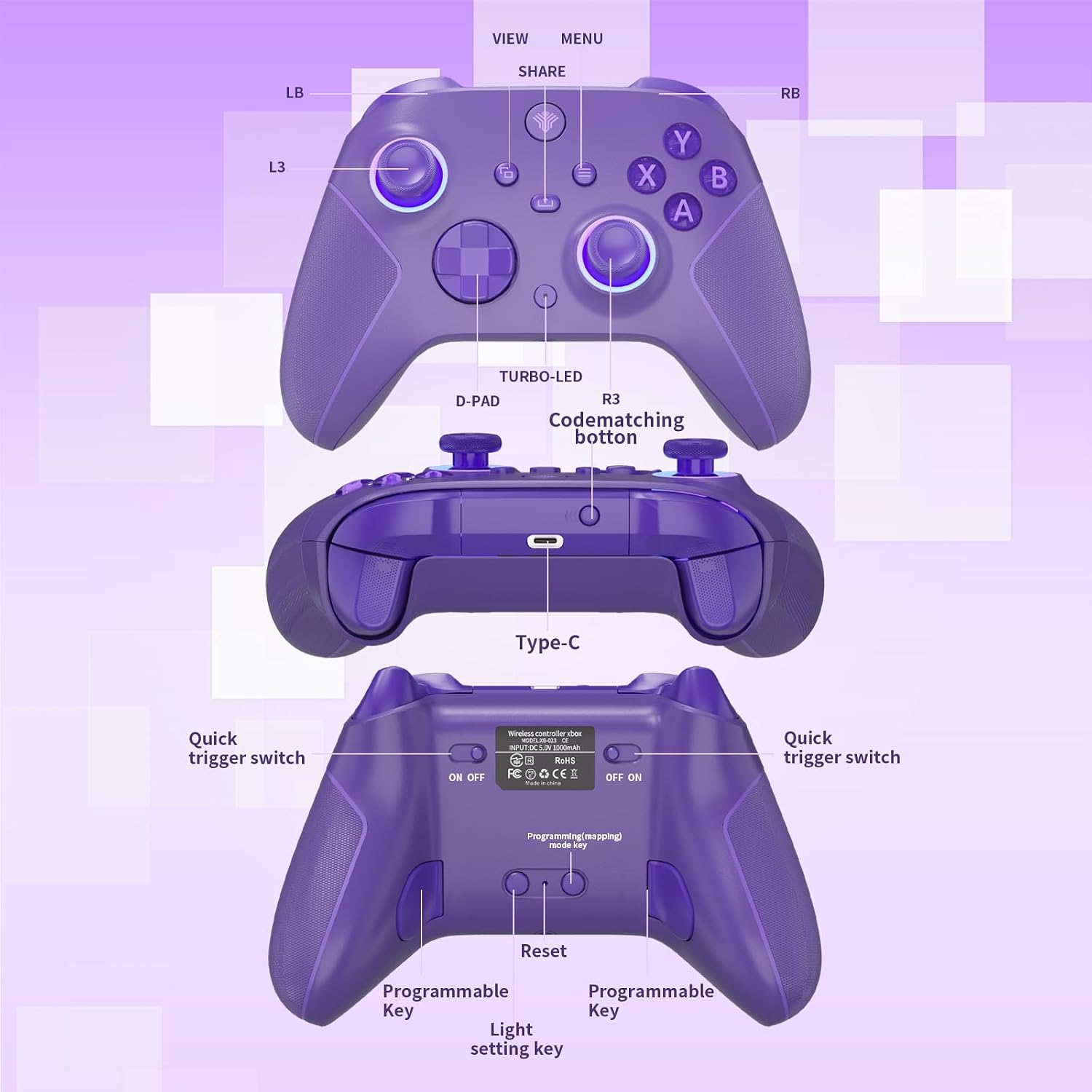 Thumbnail 5 de Wireless 2.4GHz Controller for Xbox One — 7-Color RGB Lights, 1000mAh Battery, Turbo & Programmable Keys (Purple)