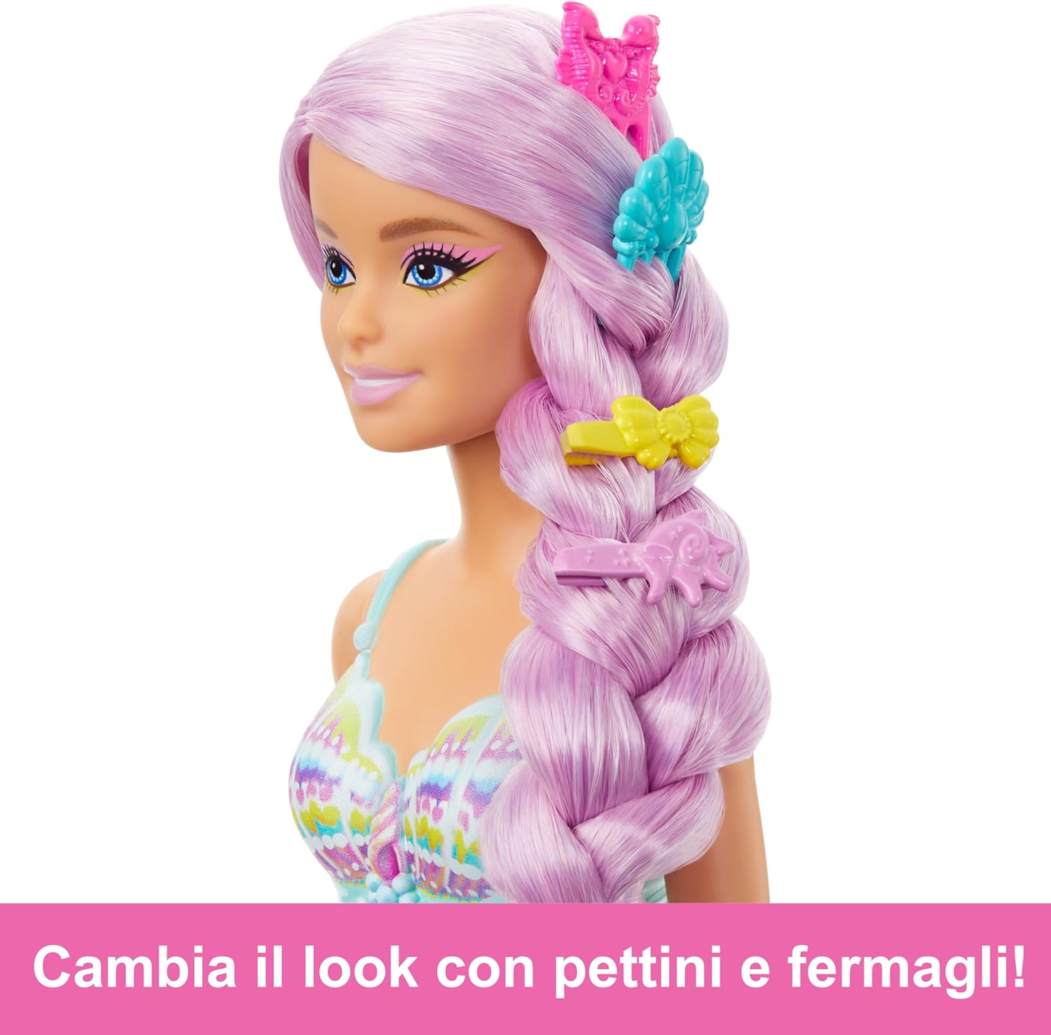Detalle de Barbie Sirena Capelli Fantasia – bambola con capelli extra lunghi e accessori per lo styling (HRR00)