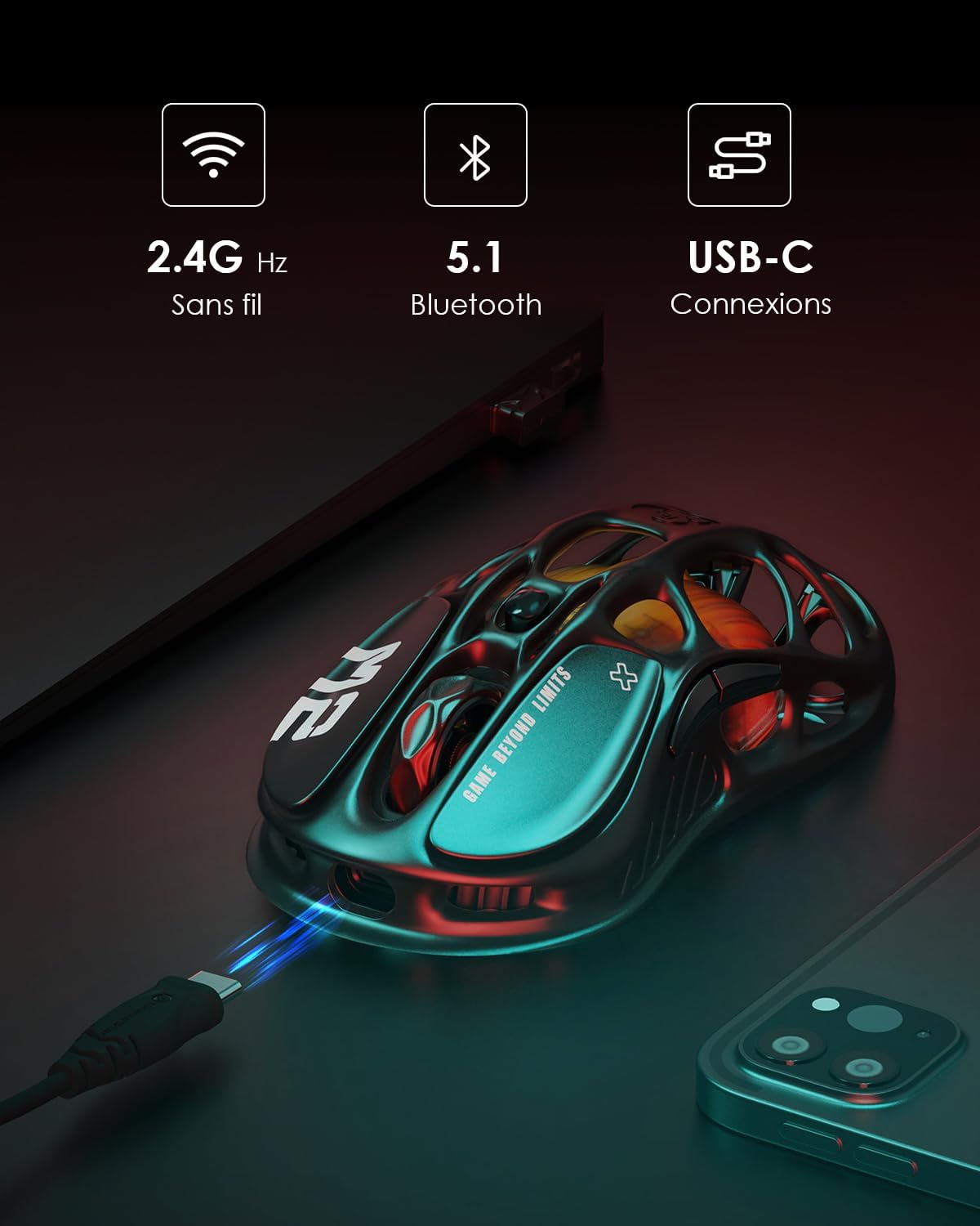 Thumbnail 4 de GravaStar Mercury M2 – Souris MMO filaire/sans fil avec capteur optique 26 000 DPI, 5 boutons programmables et éclairage RVB Dynamic Lightsync