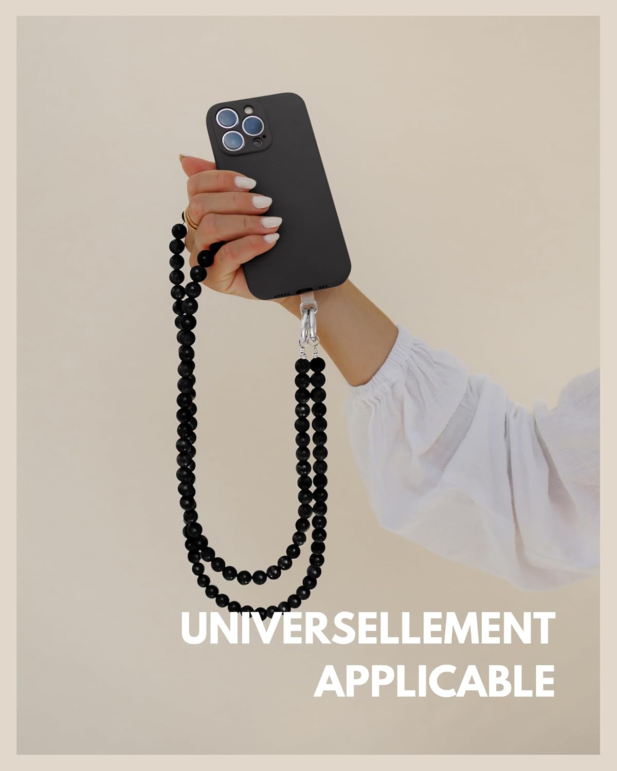 Detalle de GD GOOD.designs Chaîne de téléphone portable avec perles — Cordon universel et patch pour coque, 24 ou 130 cm, noir
