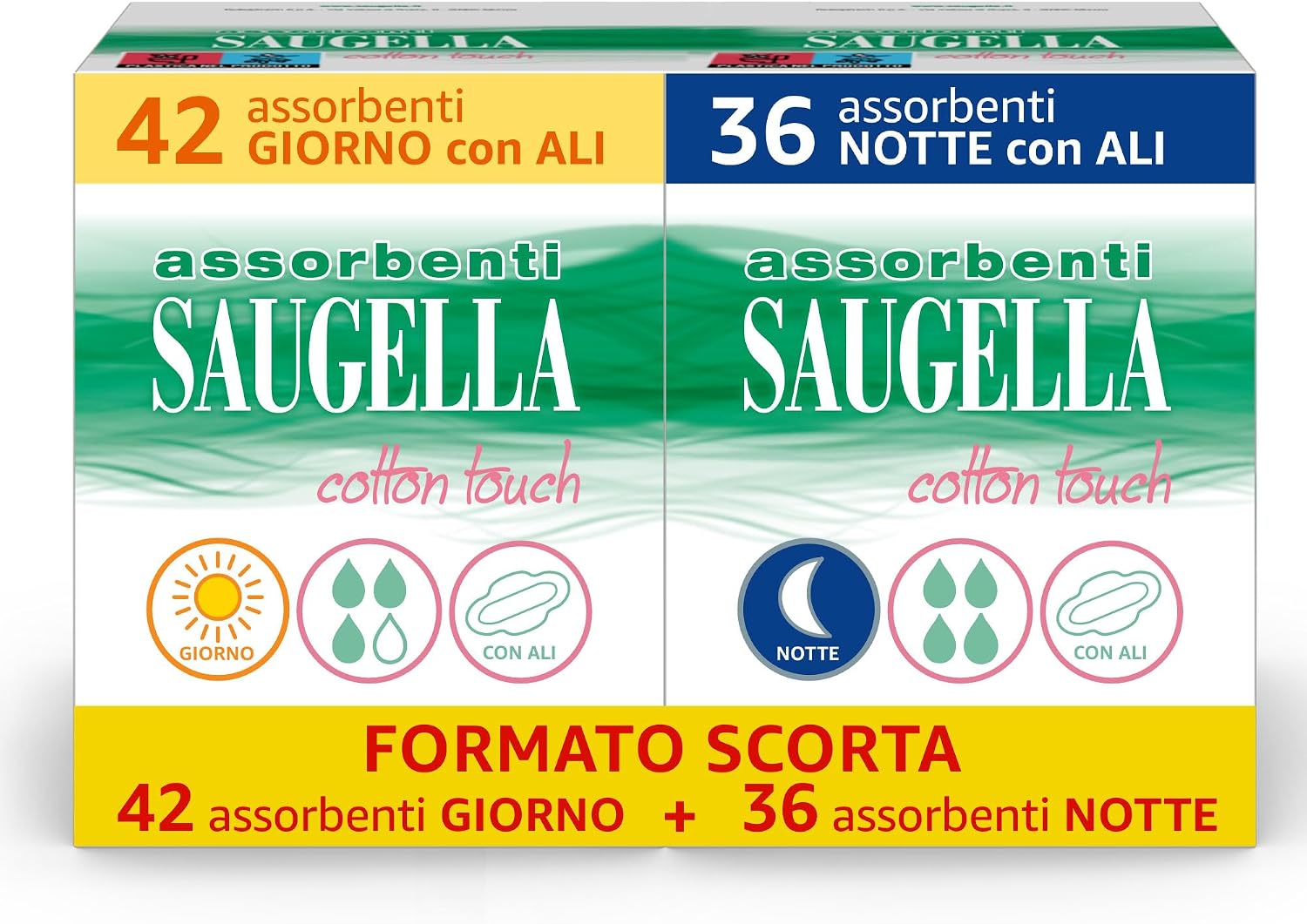 Detalle de Saugella Assorbenti Cotton Touch Giorno & Notte con ali (42 assorbenti) – protezione antimicrobica e antiodore