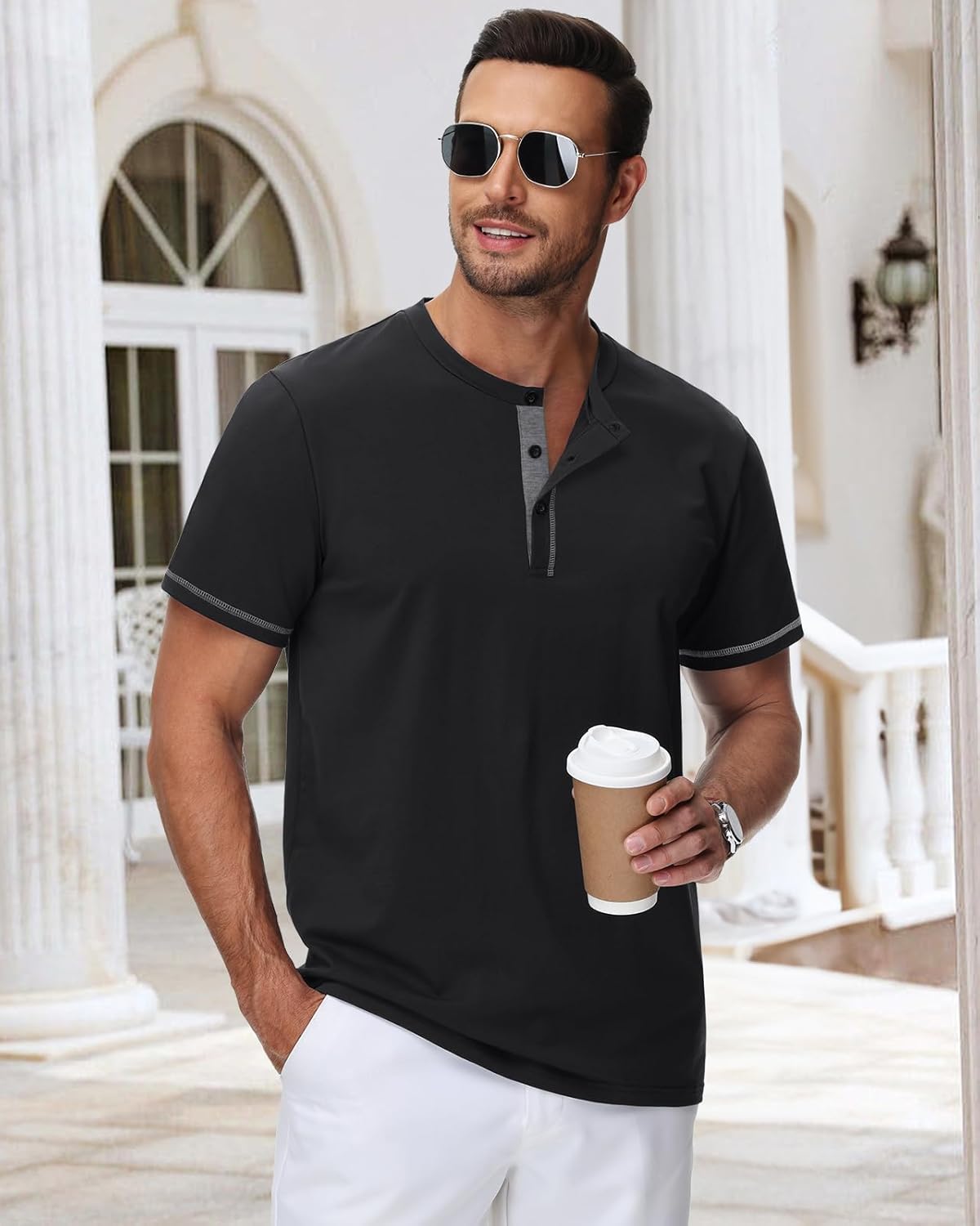Detalle de HMIYA Henley Kurzarm T-Shirt für Herren – vielseitiges Baumwoll-Henley-Shirt mit Drei-Knopf-Front