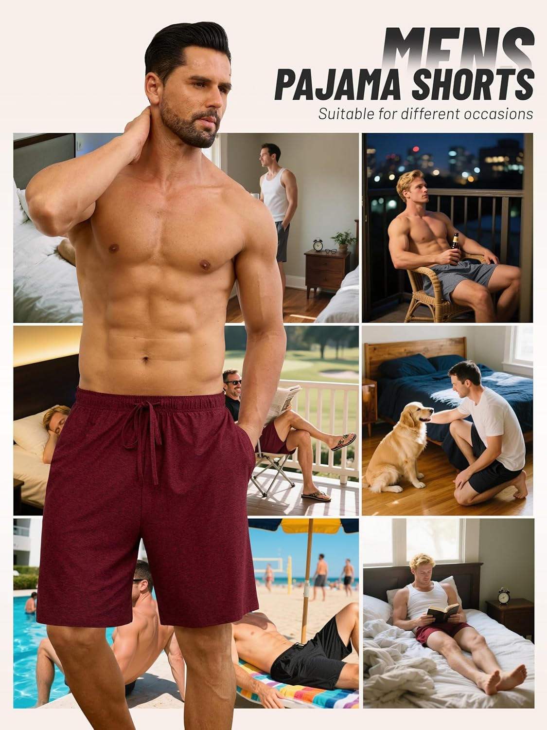 Detalle 2 de Wenouy 3 Pack Mens Pajama Shorts with Pockets – Soft Sleep Shorts for Lounge and Sleep