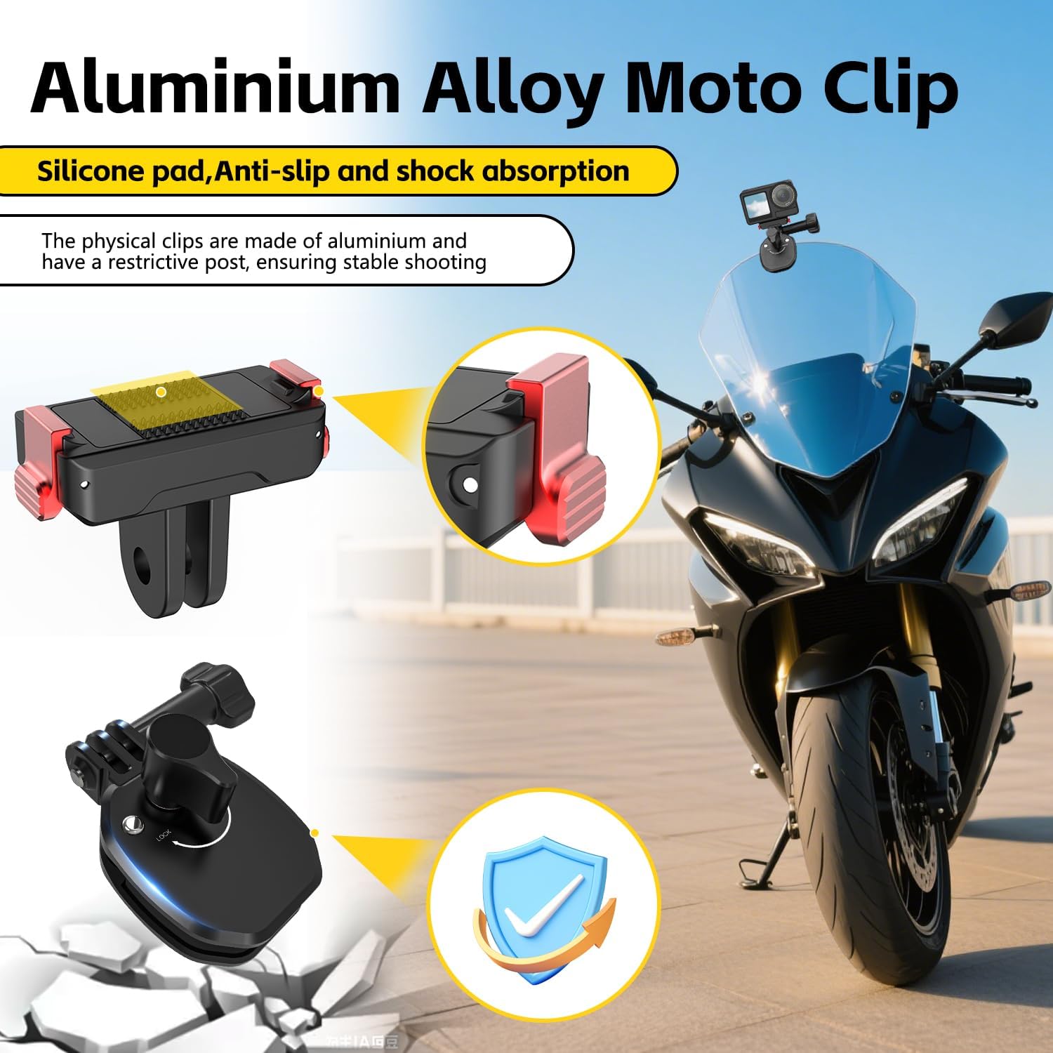 Detalle de HAFOKO Motorcycle Windshield Mount for Action Cameras – CNC Aluminium Clip, 180° Adjustment