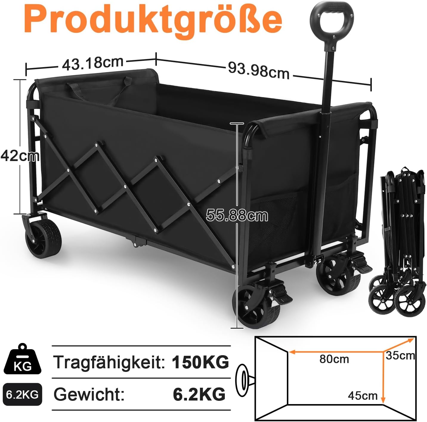Detalle 2 de ACELIFE Carrello pieghevole su ruote 150L con ruote rimovibili e braccioli regolabili, portata fino a 150 kg