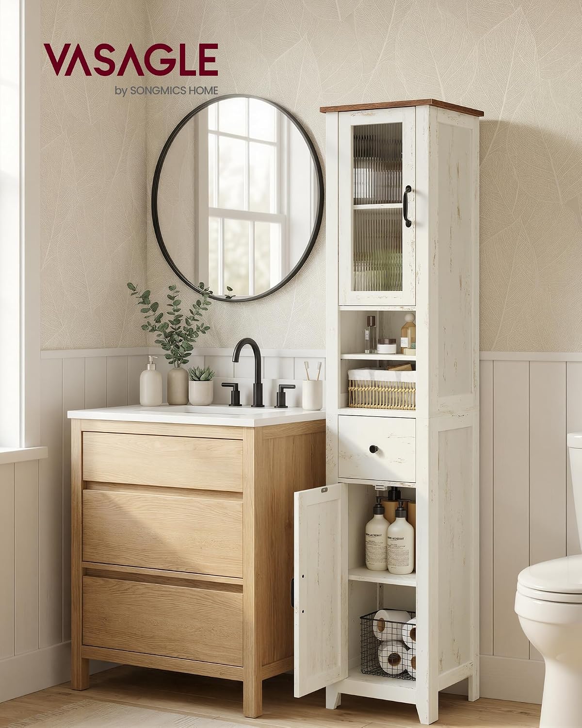 Detalle de VASAGLE LIRY BBK660W101 Tall Bathroom Cabinet, Reversible Doors, White and Honey Brown