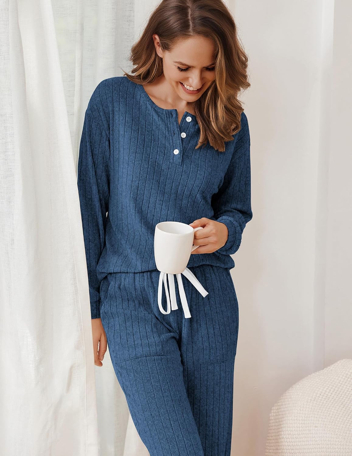 Detalle de Ekouaer Women's Pajama Set, Ribbed Knit
