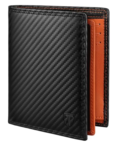 Detalle de TEEHON Portefeuille Vertical en Cuir Carbone RFID – 11 emplacements, 2 fenêtres et 3 volets