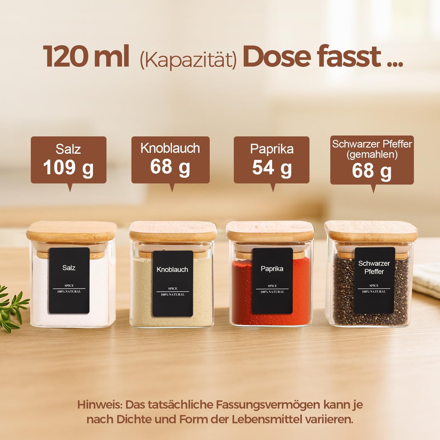 Detalle 2 de ComSaf Gewürzgläser Eckig 12 x 120 ml – luftdicht, mit Bambusdeckeln, 54 Etiketten, ideal für Kräuter, Curry, Chili & Pfeffer