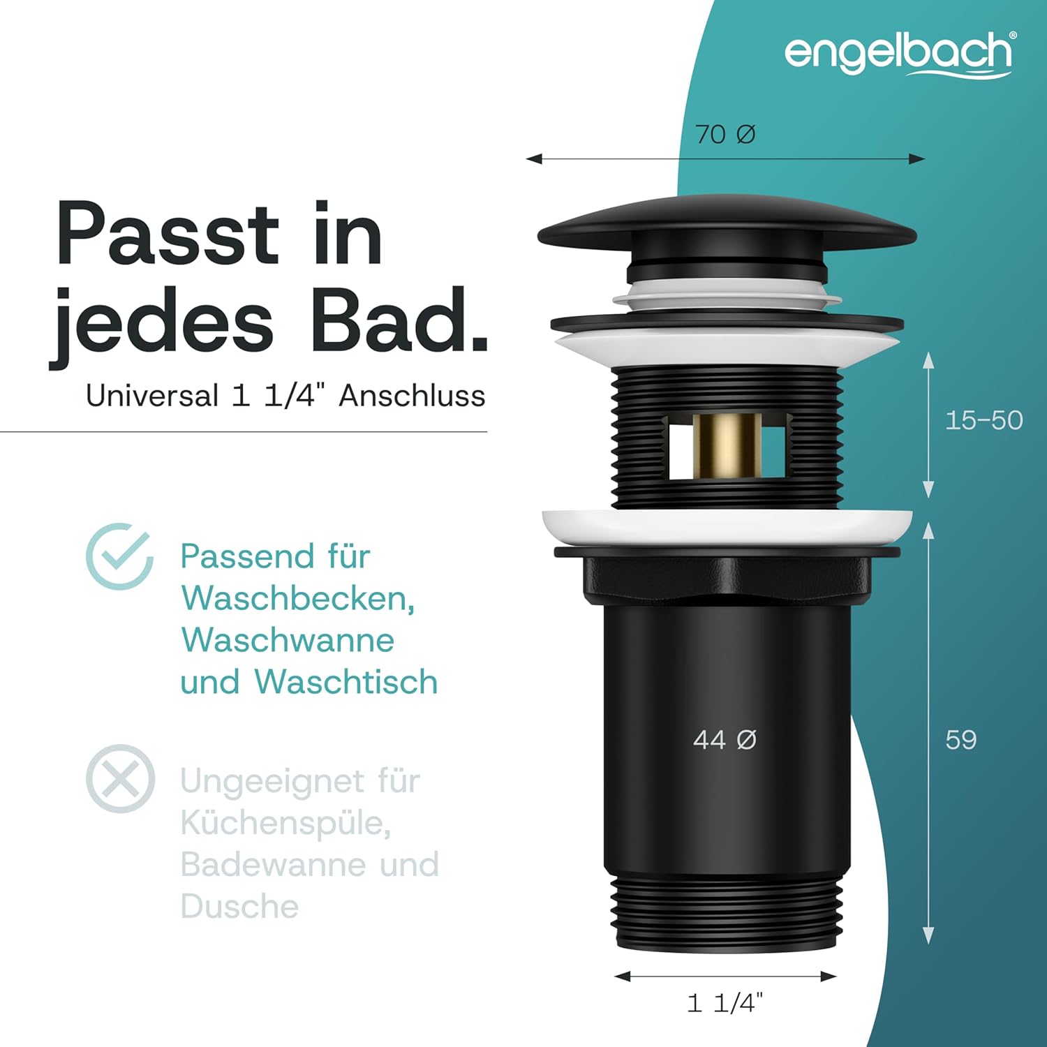 Thumbnail 1 de Engelbach Universal Waschbecken Ablaufgarnitur – Pop-Up Ventil mit Überlauf, herausziehbarem Stöpsel inkl. Haarsieb