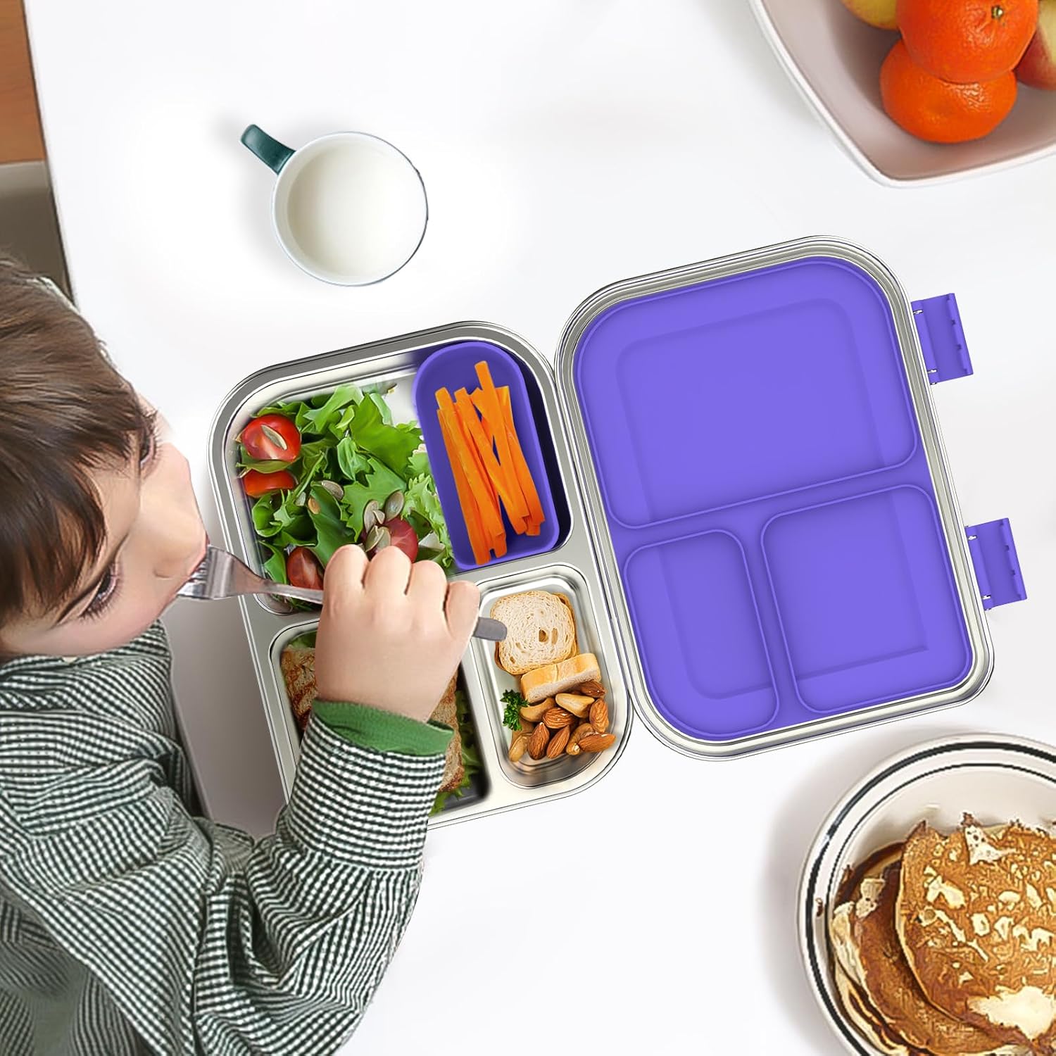 Thumbnail 6 de BOSEDSANG Stainless Steel Kids Leak-Resistant Bento Lunch Box (3 Compartments) - Purple
