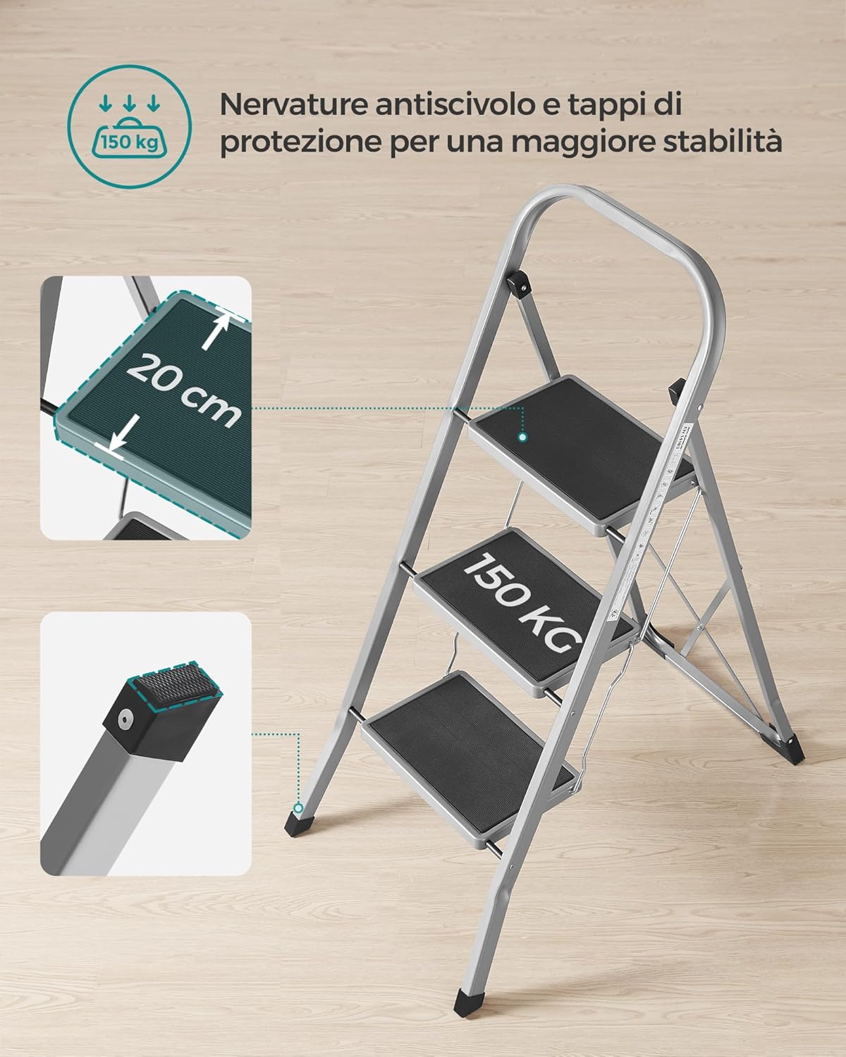 Thumbnail 4 de SONGMICS Scaletta GSL003GY01: Scala a 3 Gradini Pieghevole con Chiusura di Sicurezza e Portata 150 kg