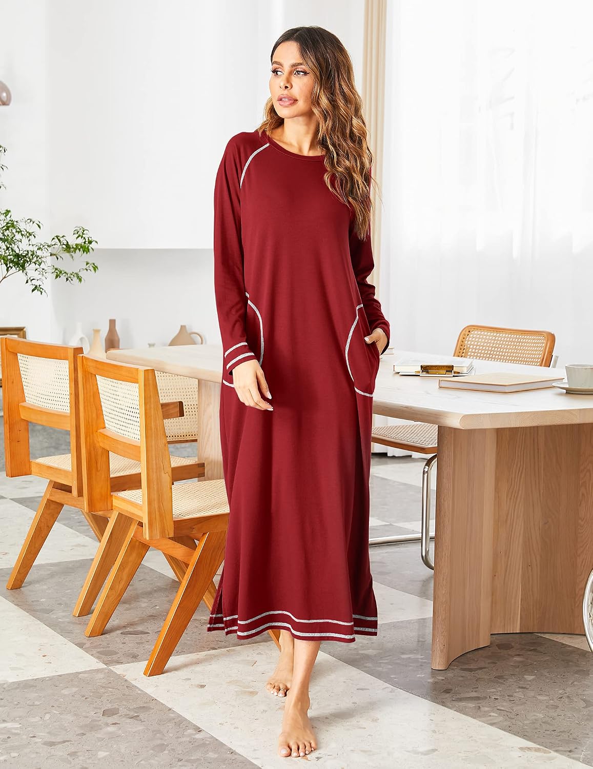 Detalle de Ekouaer Women's Full-Length Long-Sleeve Nightshirt with Pockets, S-XXL