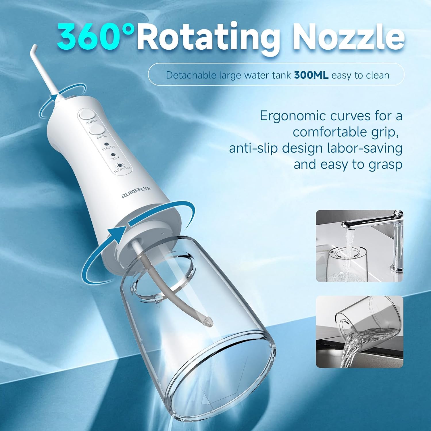 Detalle de RUMFFLYE idropulsore dentale portatile senza fili con 12 modalità, serbatoio da 300 ml e 5 testine IPX7 (kit bianco)