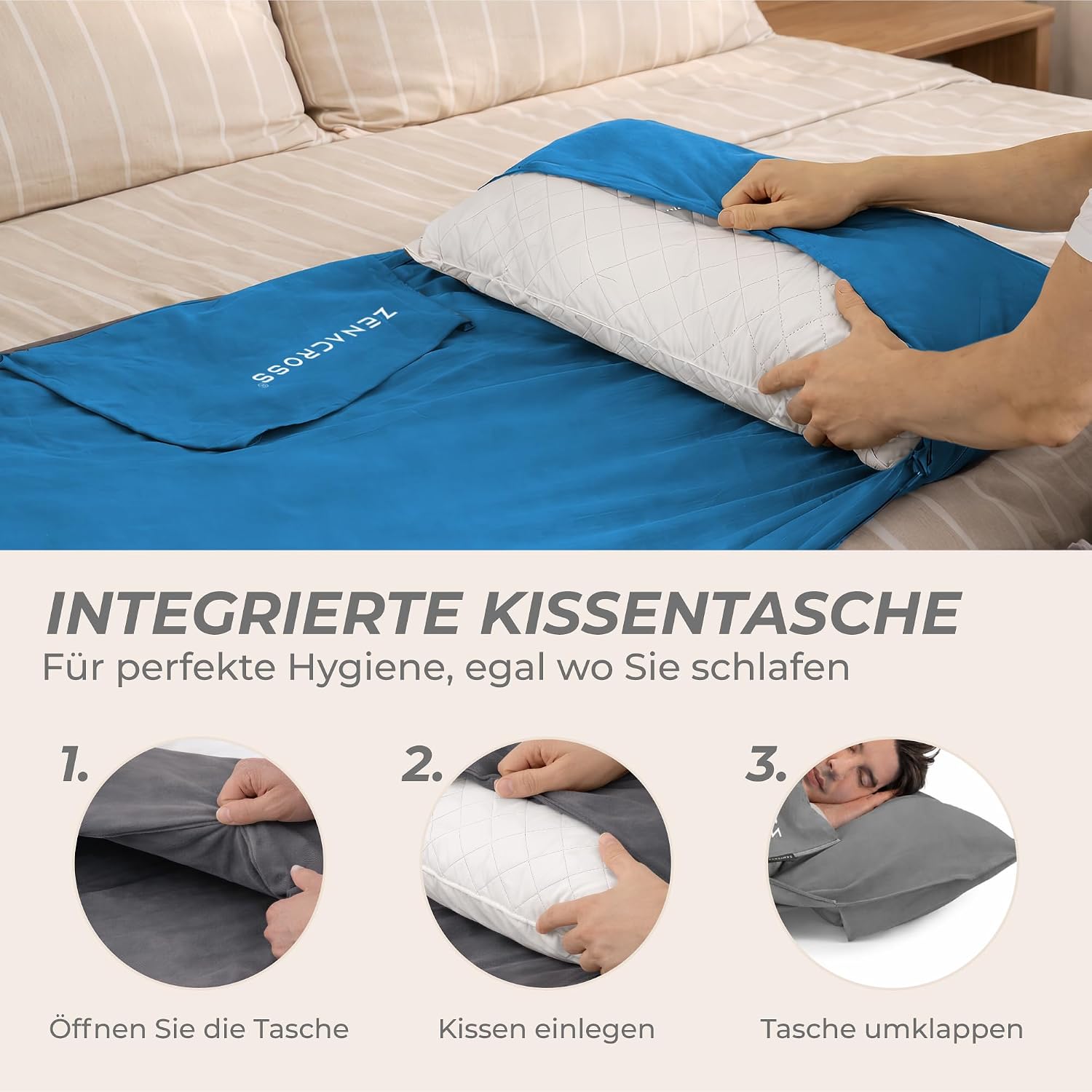 Detalle 2 de ZENACROSS Hüttenschlafsack Ultraleicht Mikrofaser – Schlafsack-Inlett mit Kopfkissenfach, ideal als Sommer-Schlafsack oder hygienische Innenhülle