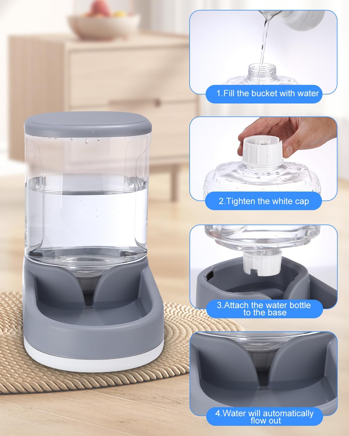 Detalle de Zounin automatische voer- en waterdispenser, 2 x 3,8 l, grijs