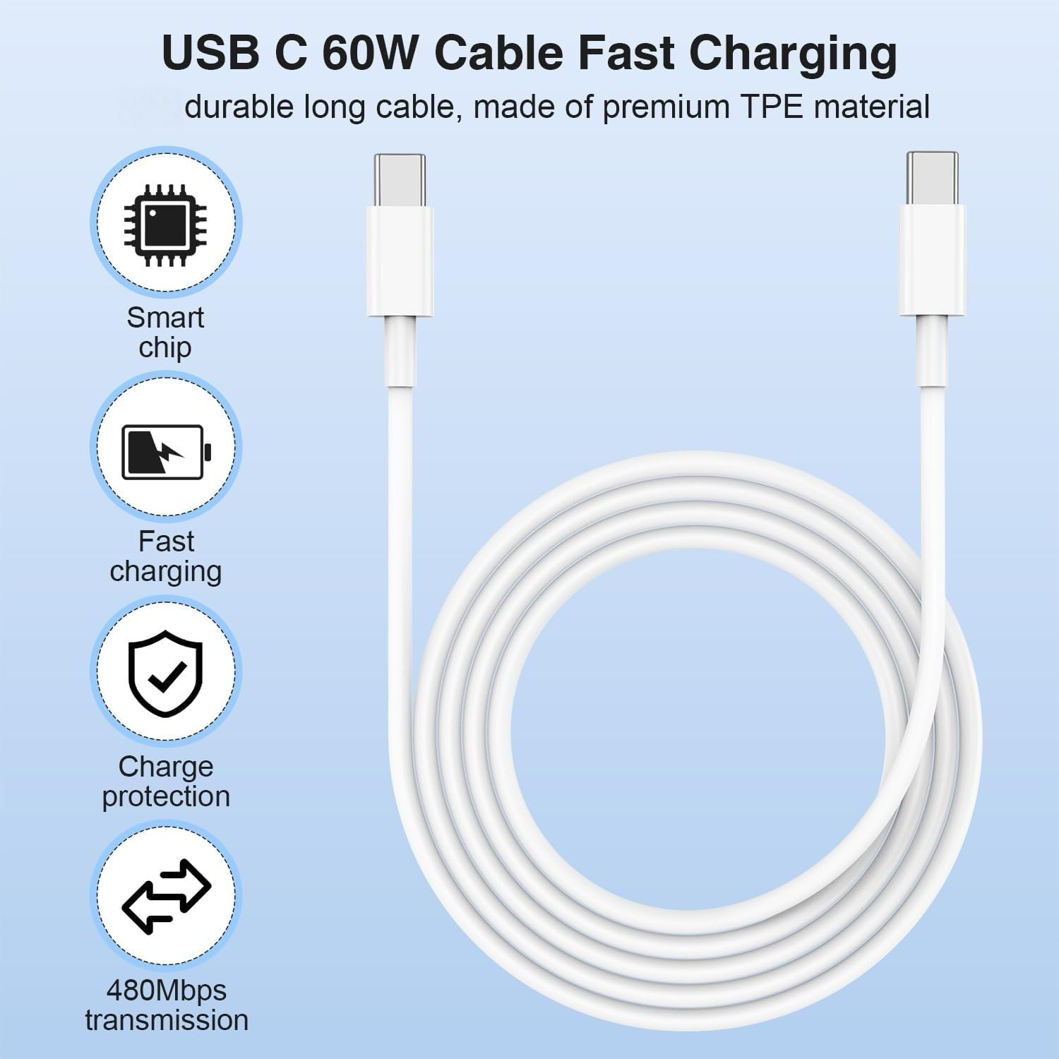 Detalle de Long USB C to USB C Cable 3M, 2 Pack – 60W PD Fast Charging & 480Mbps Data with Type C to C Lead