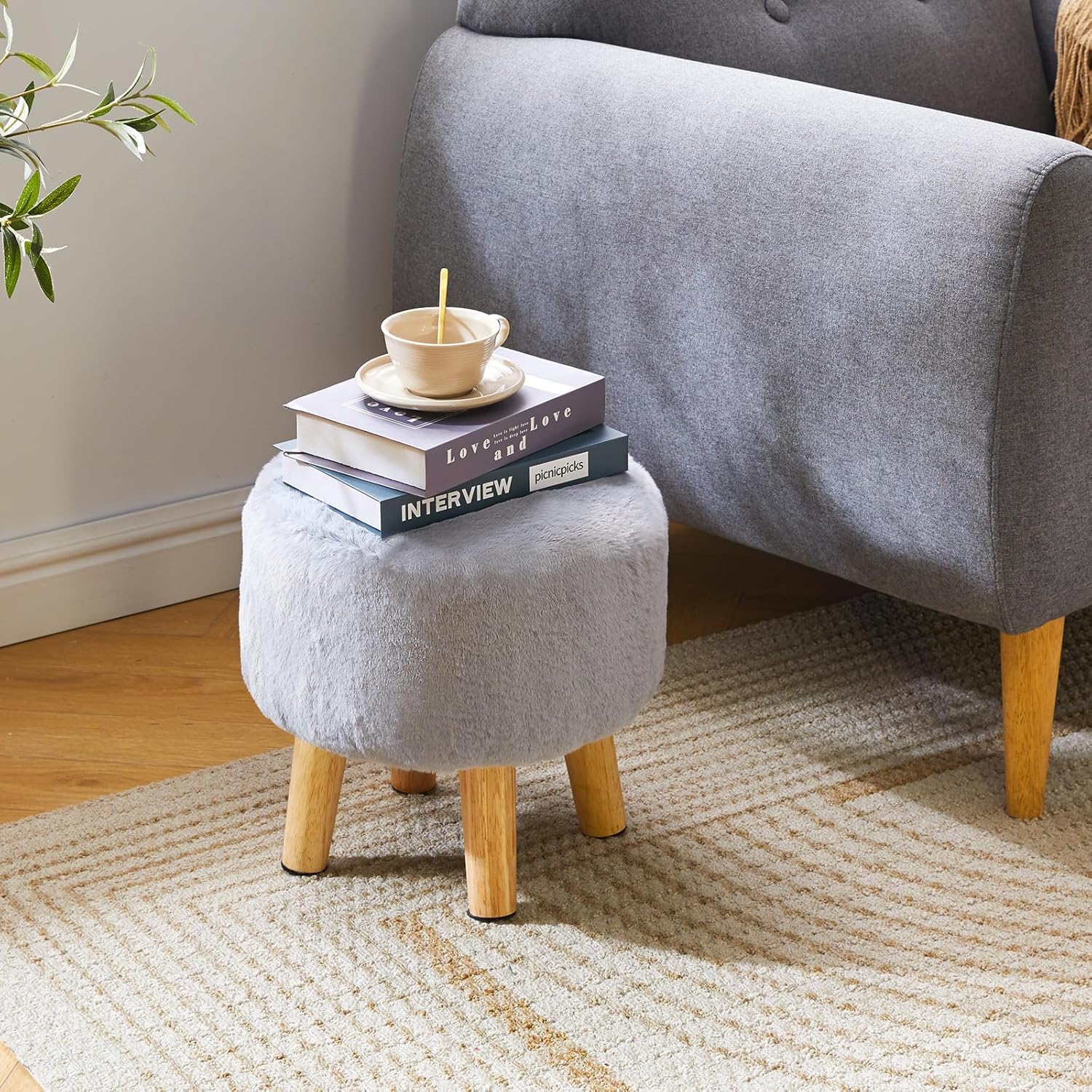 Thumbnail 1 de YMYNY Rotondo Poggiapiedi/Sgabello Ottomano in Poliestere con Gambe in Legno – Grigio, 32×32×32 cm