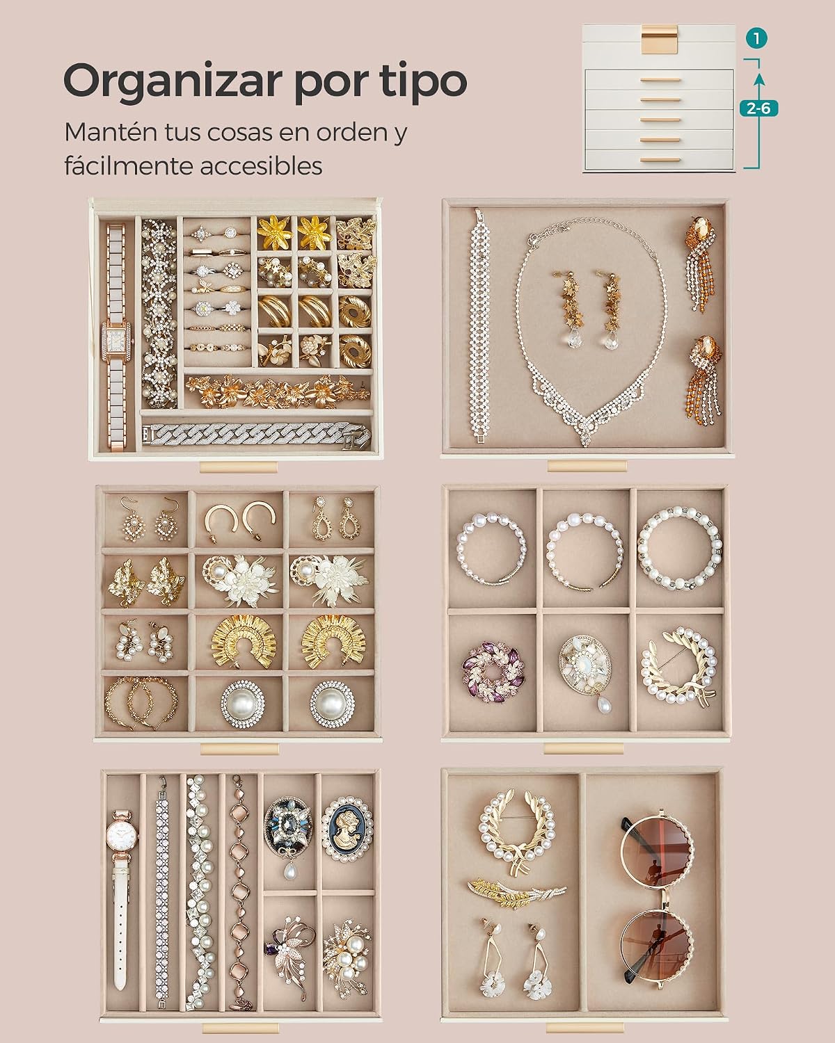 Detalle de SONGMICS Colección GISELLA: Caja de Joyas JBC176W01, 6 Niveles y 45 Compartimentos en Blanco Nube y Dorado
