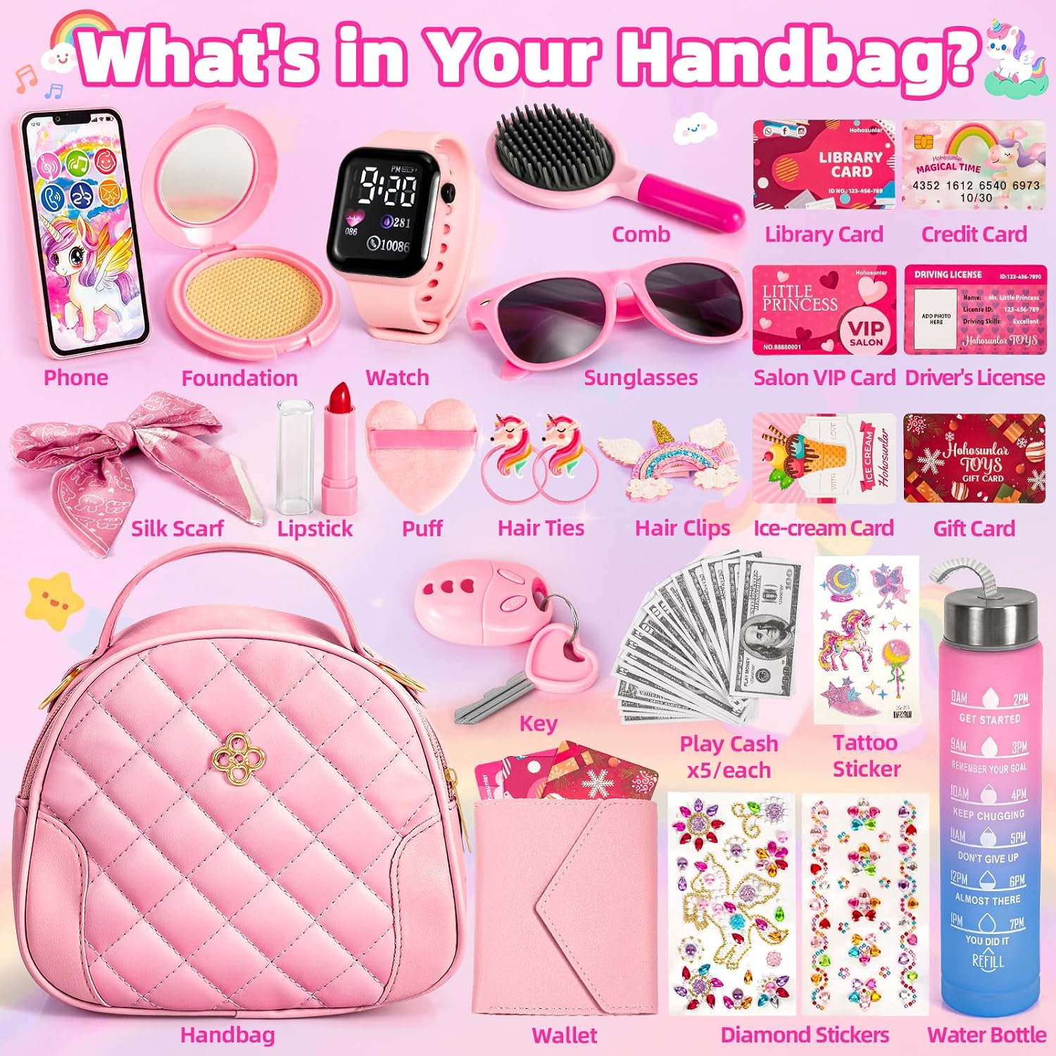 Detalle de Hohosunlar Play Purse Set for Little Girls (Kids Handbag + Pretend Makeup, Craft Water Bottle & Accessories) for Ages 3–12