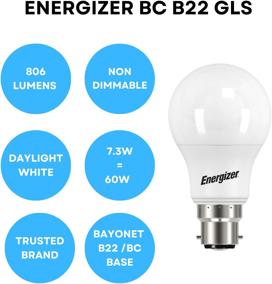 Thumbnail 3 de Energizer Bayonet LED Bulbs 60W Equivalent, B22, Daylight White 6500K – Pack of 5