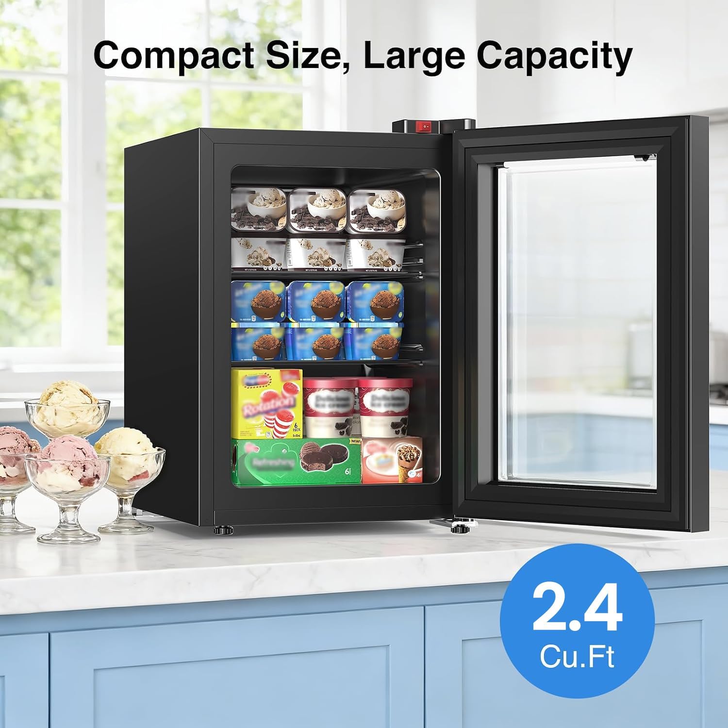 Detalle de Electactic LSD-60 Mini Upright Freezer, 2.4 Cu. Ft., Glass Door, 7 Settings