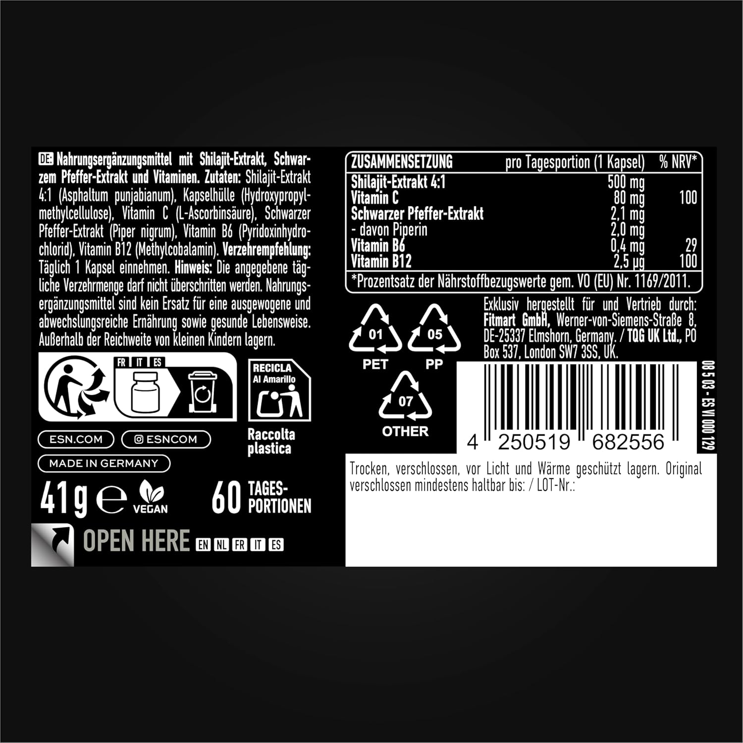 Detalle 2 de ESN Shilajit+ 60 vegane Kapseln – hochdosiert mit 2000 mg Shilajit-Extrakt, mit Vitaminen und Piperin